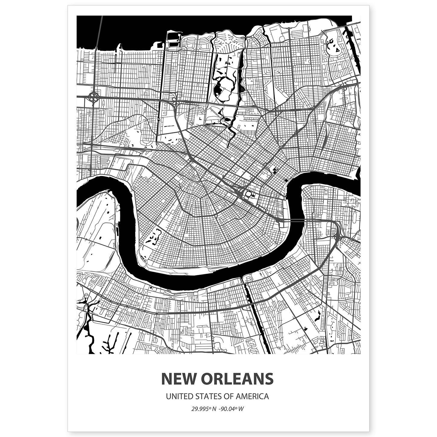 Poster con mapa de New Orleans - USA. Láminas de ciudades de Estados Unidos con mares y ríos en color negro.-Artwork-Nacnic-A4-Sin marco-Nacnic Estudio SL
