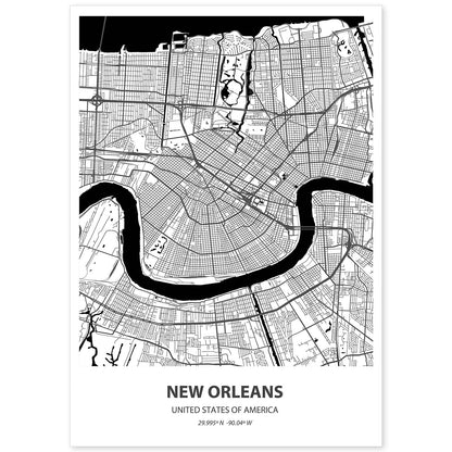 Poster con mapa de New Orleans - USA. Láminas de ciudades de Estados Unidos con mares y ríos en color negro.-Artwork-Nacnic-A4-Sin marco-Nacnic Estudio SL