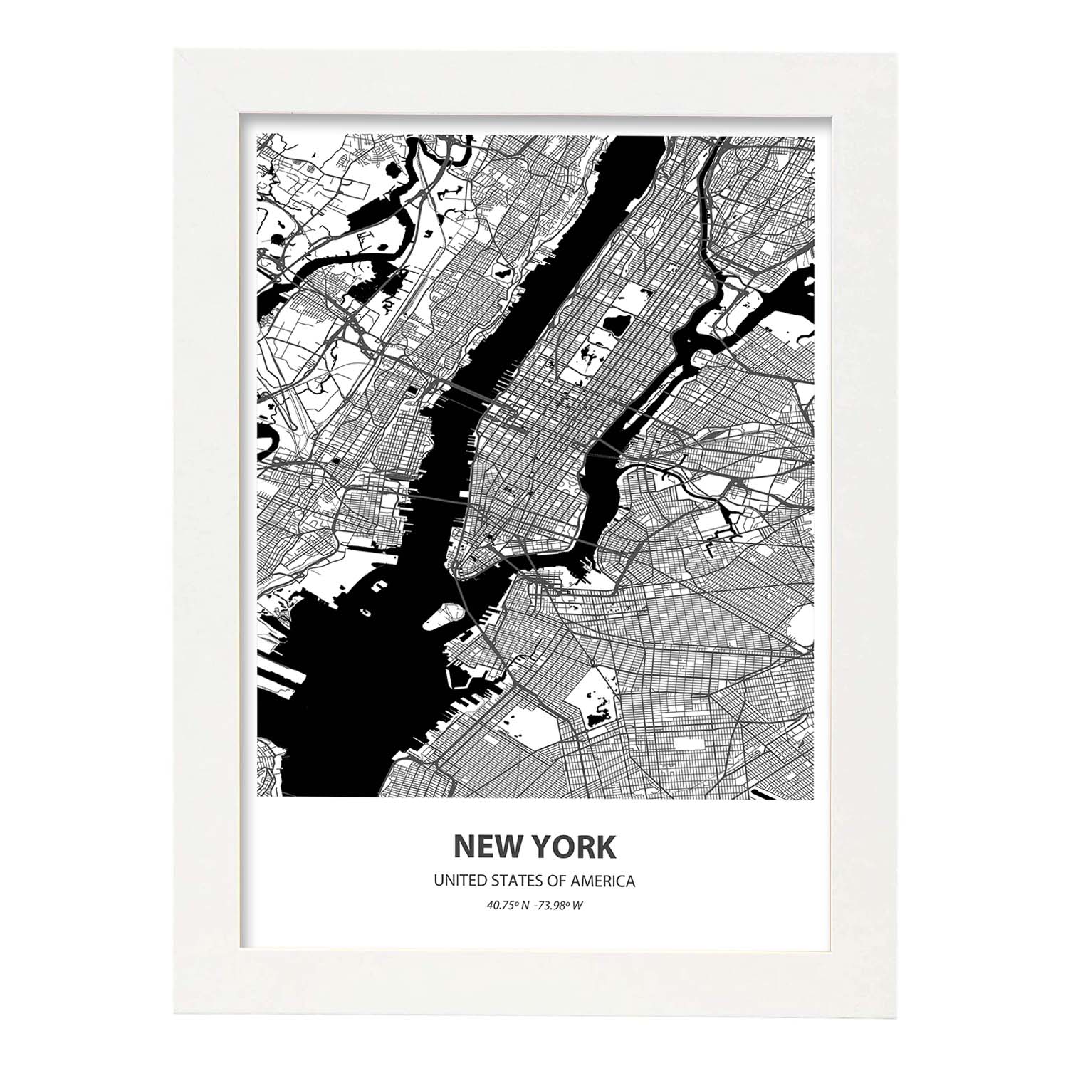 Poster con mapa de New York - USA. Láminas de ciudades de Estados Unidos con mares y ríos en color negro.-Artwork-Nacnic-A3-Marco Blanco-Nacnic Estudio SL