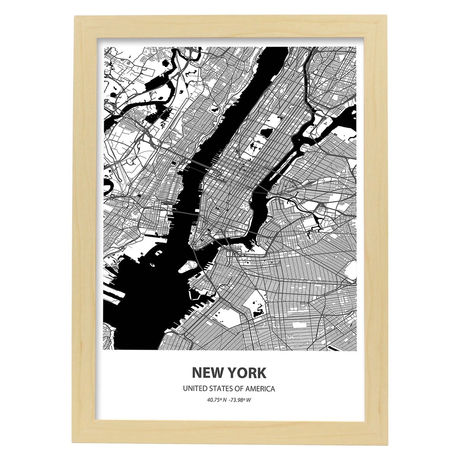 Poster con mapa de New York - USA. Láminas de ciudades de Estados Unidos con mares y ríos en color negro.-Artwork-Nacnic-A3-Marco Madera clara-Nacnic Estudio SL