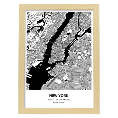 Poster con mapa de New York - USA. Láminas de ciudades de Estados Unidos con mares y ríos en color negro.-Artwork-Nacnic-A3-Marco Madera clara-Nacnic Estudio SL