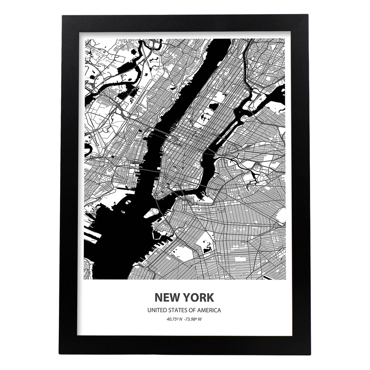 Poster con mapa de New York - USA. Láminas de ciudades de Estados Unidos con mares y ríos en color negro.-Artwork-Nacnic-A3-Marco Negro-Nacnic Estudio SL