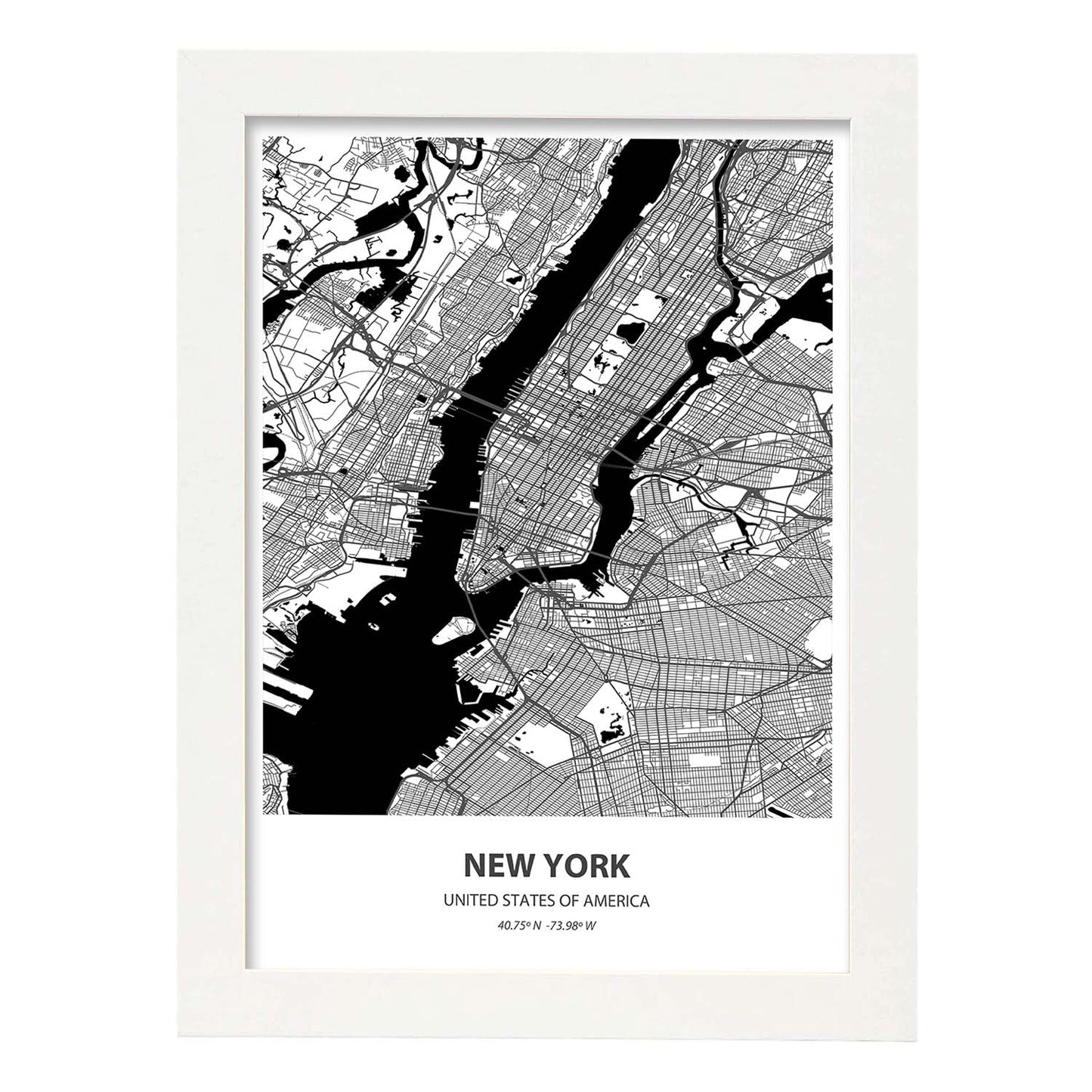 Poster con mapa de New York - USA. Láminas de ciudades de Estados Unidos con mares y ríos en color negro.-Artwork-Nacnic-A4-Marco Blanco-Nacnic Estudio SL