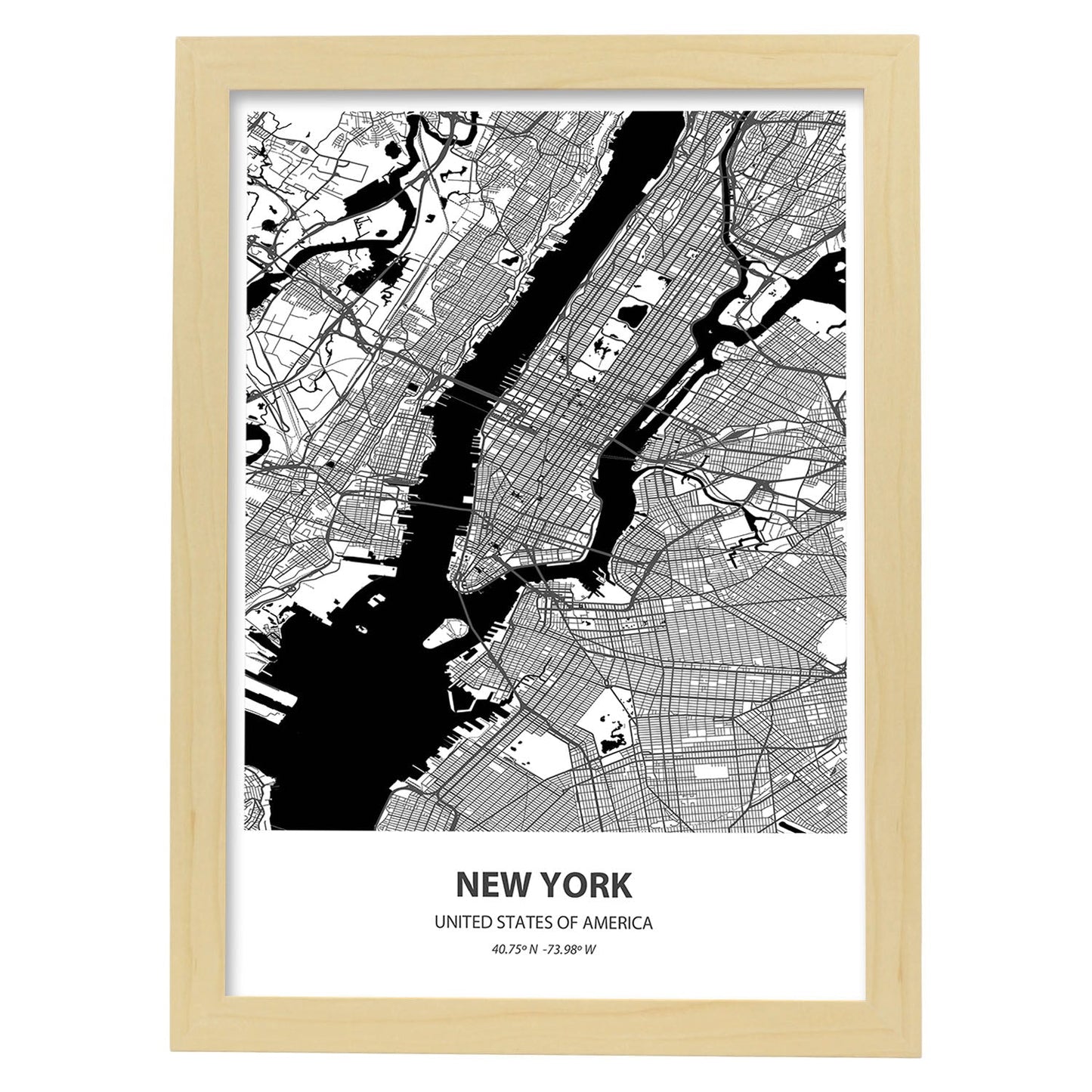 Poster con mapa de New York - USA. Láminas de ciudades de Estados Unidos con mares y ríos en color negro.-Artwork-Nacnic-A4-Marco Madera clara-Nacnic Estudio SL