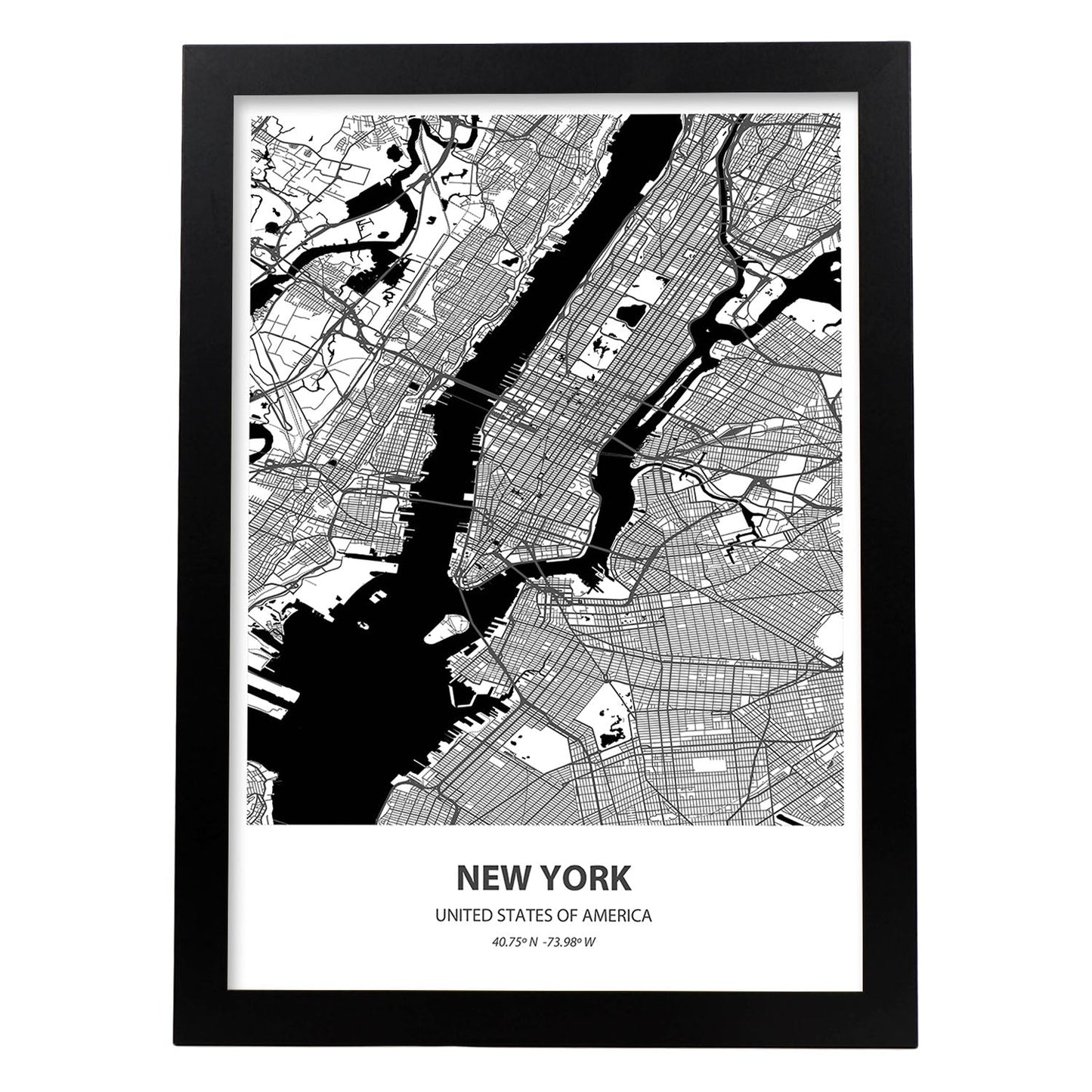 Poster con mapa de New York - USA. Láminas de ciudades de Estados Unidos con mares y ríos en color negro.-Artwork-Nacnic-A4-Marco Negro-Nacnic Estudio SL