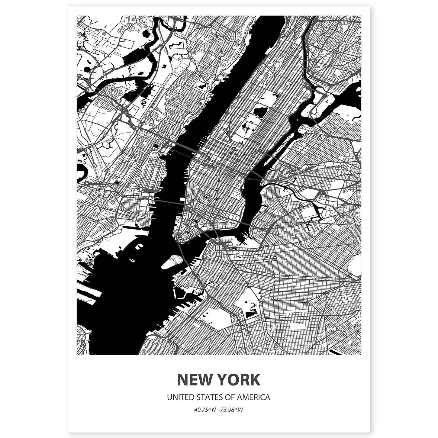 Poster con mapa de New York - USA. Láminas de ciudades de Estados Unidos con mares y ríos en color negro.-Artwork-Nacnic-A4-Sin marco-Nacnic Estudio SL