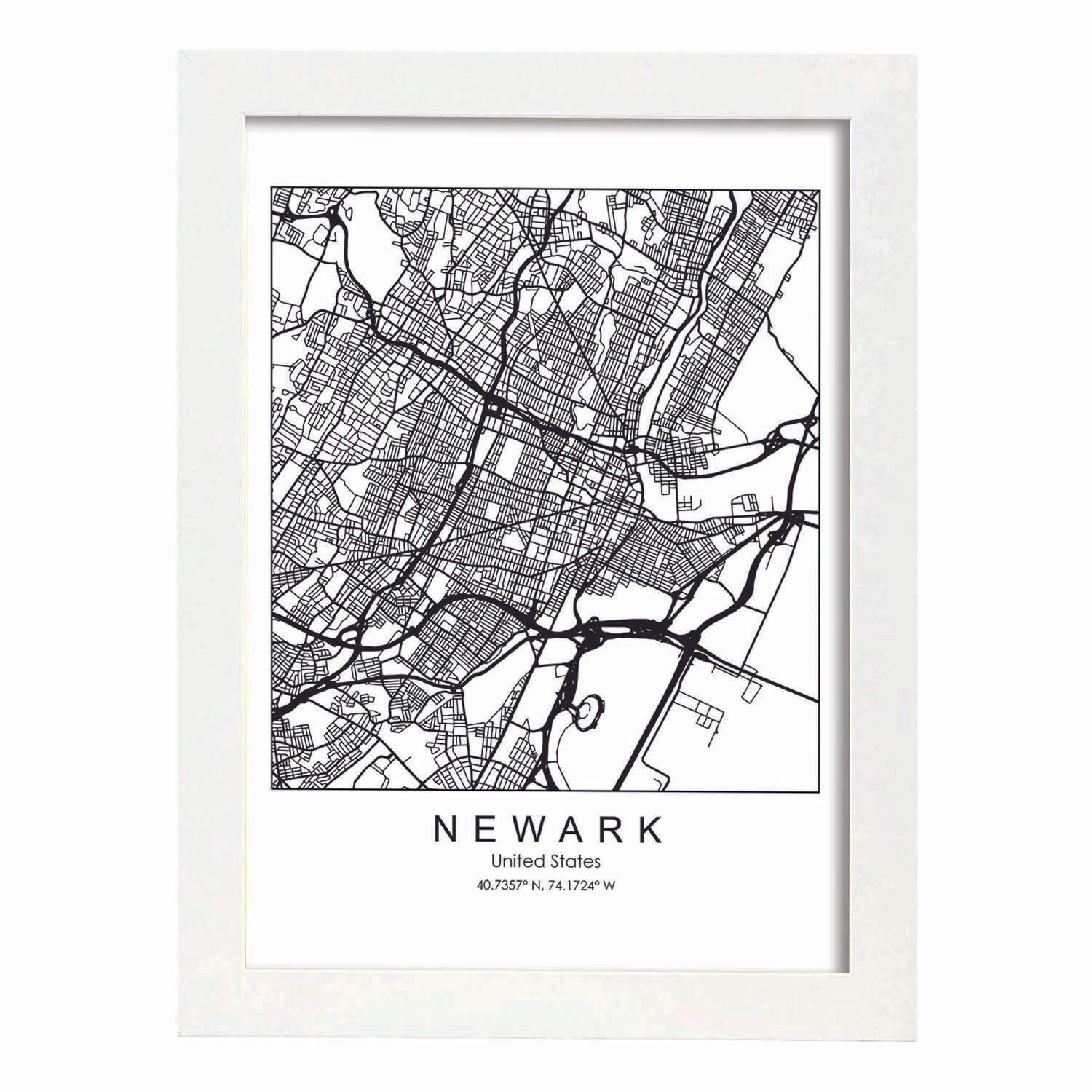 Poster con mapa de Newark. Lámina de Estados Unidos, con imágenes de mapas y carreteras-Artwork-Nacnic-A3-Marco Blanco-Nacnic Estudio SL