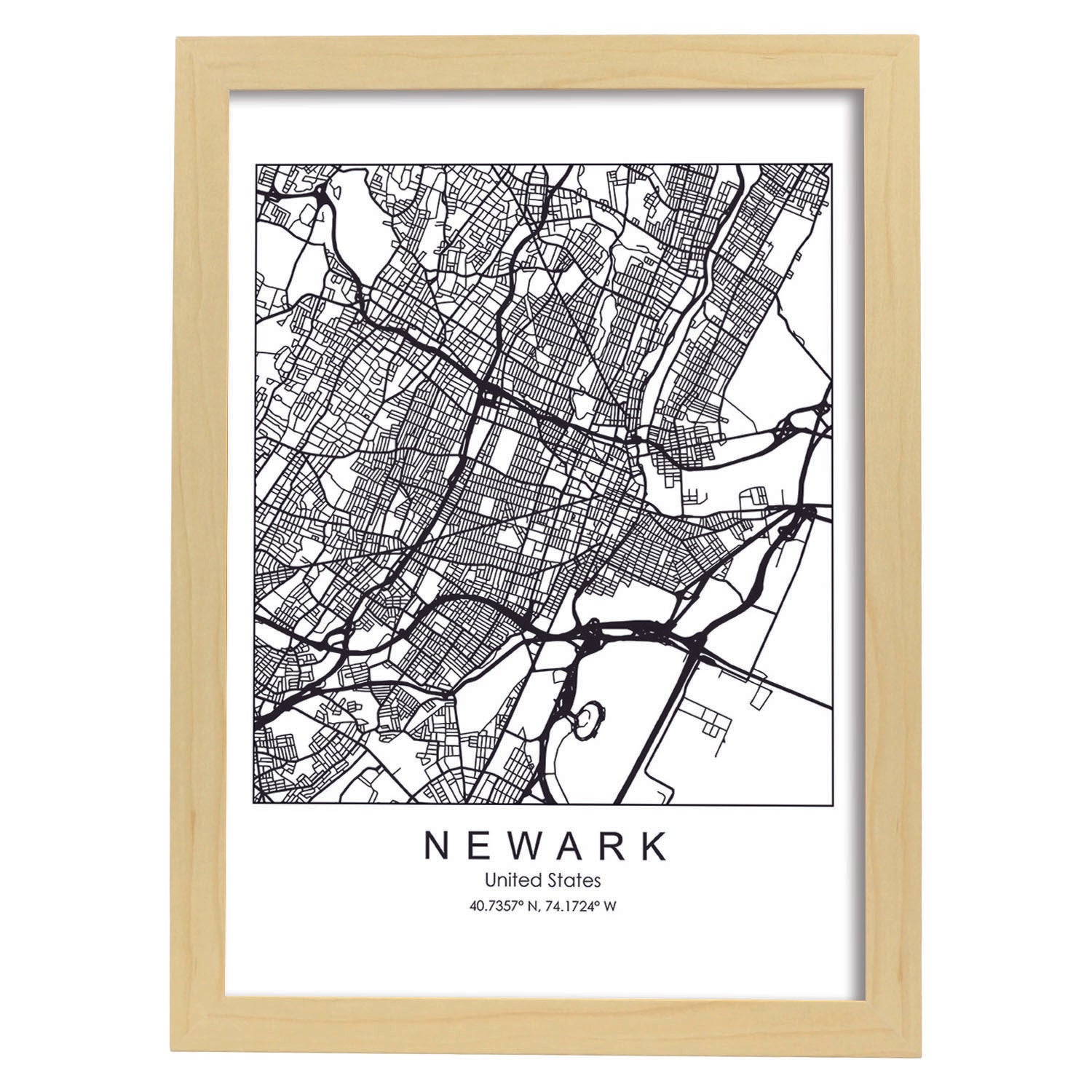 Poster con mapa de Newark. Lámina de Estados Unidos, con imágenes de mapas y carreteras-Artwork-Nacnic-A3-Marco Madera clara-Nacnic Estudio SL