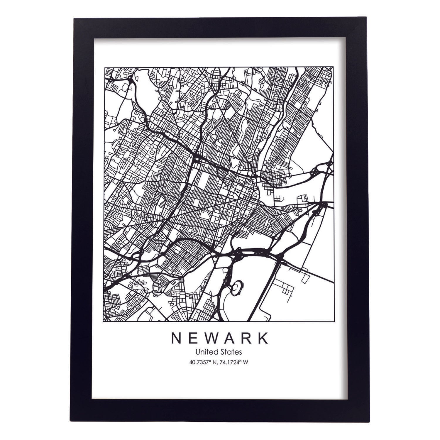 Poster con mapa de Newark. Lámina de Estados Unidos, con imágenes de mapas y carreteras-Artwork-Nacnic-A3-Marco Negro-Nacnic Estudio SL