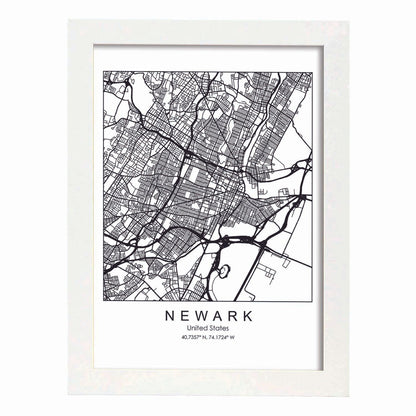 Poster con mapa de Newark. Lámina de Estados Unidos, con imágenes de mapas y carreteras-Artwork-Nacnic-A4-Marco Blanco-Nacnic Estudio SL