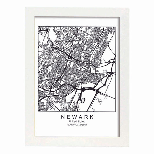 Poster con mapa de Newark. Lámina de Estados Unidos, con imágenes de mapas y carreteras-Artwork-Nacnic-A4-Marco Blanco-Nacnic Estudio SL