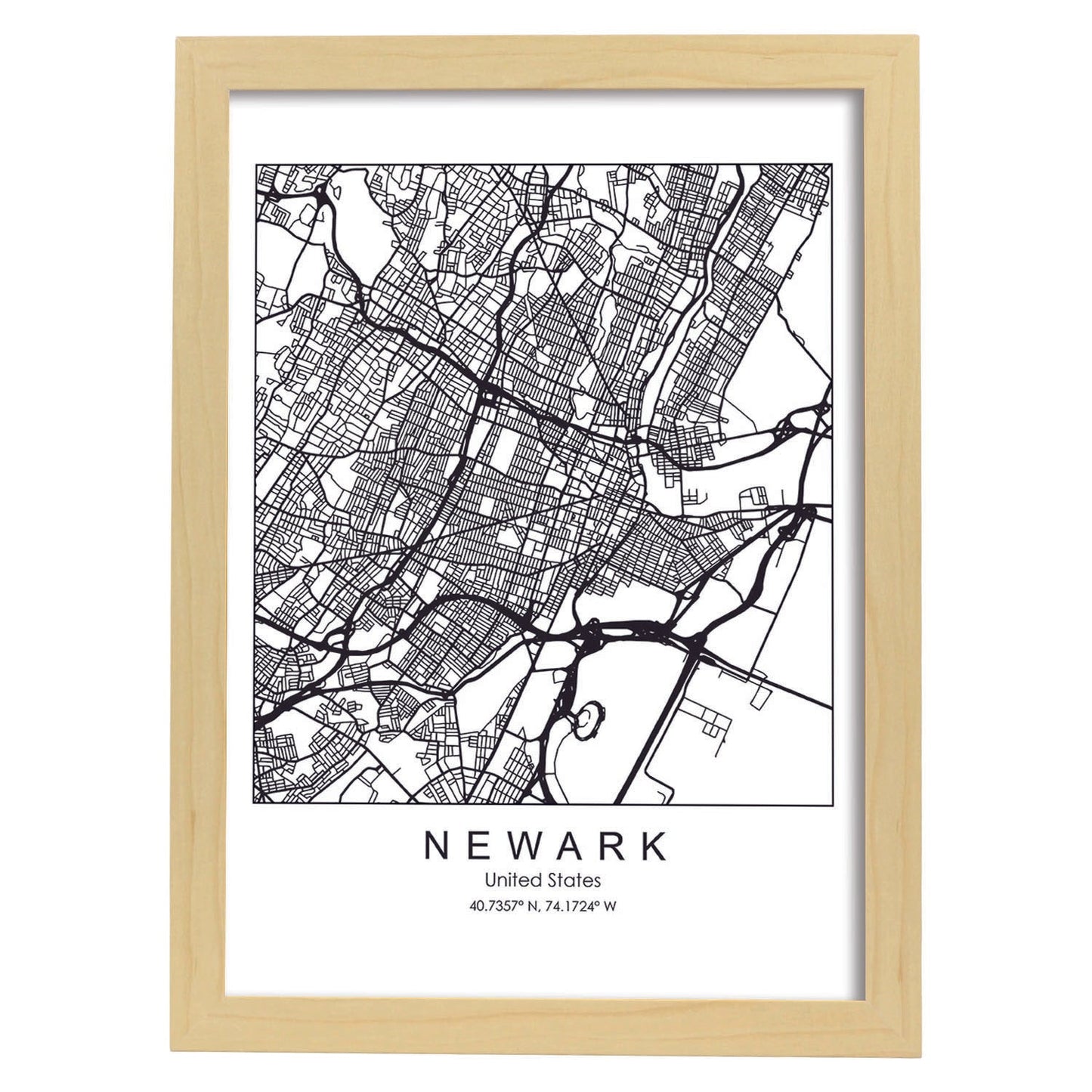 Poster con mapa de Newark. Lámina de Estados Unidos, con imágenes de mapas y carreteras-Artwork-Nacnic-A4-Marco Madera clara-Nacnic Estudio SL