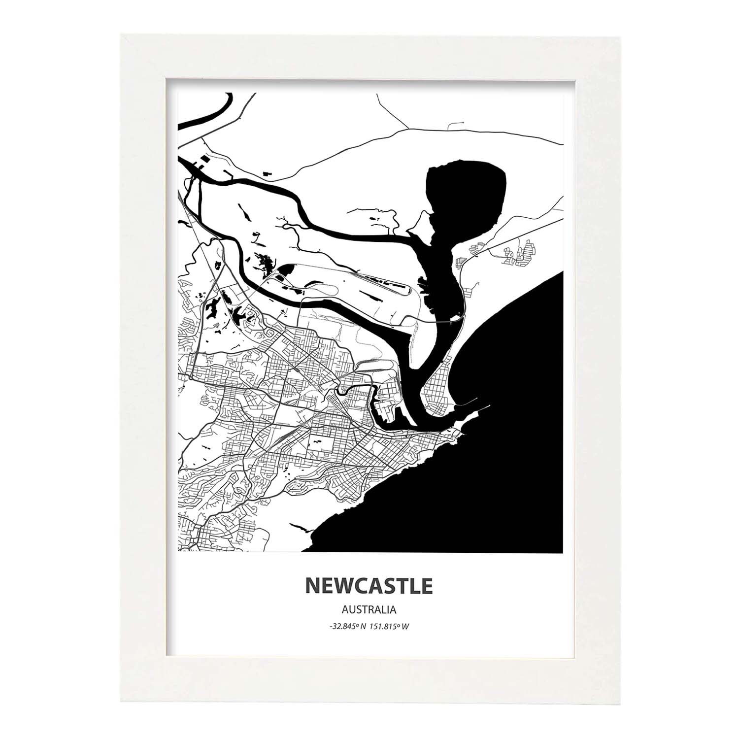 Poster con mapa de Newcastle - Australia. Láminas de ciudades de Australia con mares y ríos en color negro.-Artwork-Nacnic-A3-Marco Blanco-Nacnic Estudio SL