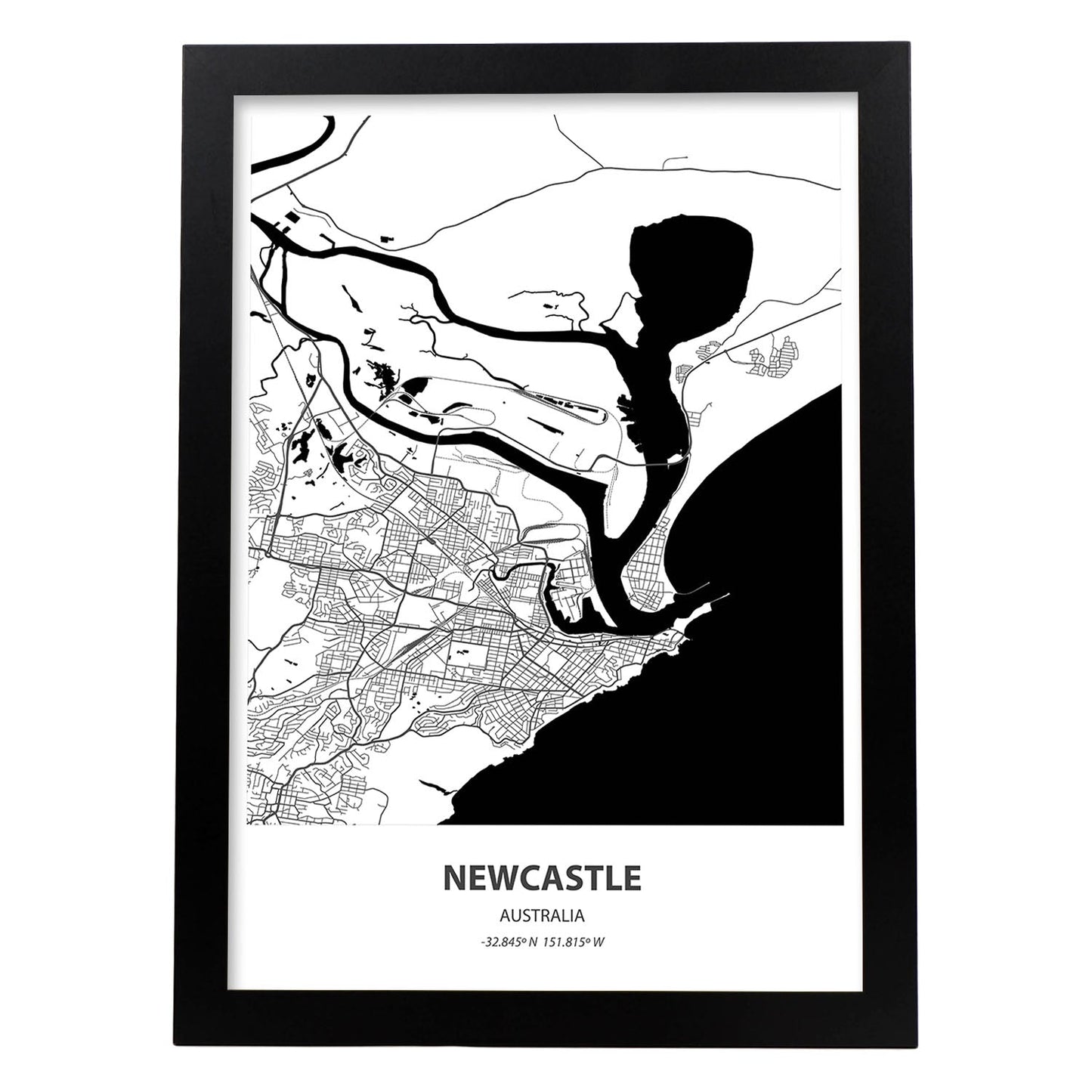 Poster con mapa de Newcastle - Australia. Láminas de ciudades de Australia con mares y ríos en color negro.-Artwork-Nacnic-A3-Marco Negro-Nacnic Estudio SL