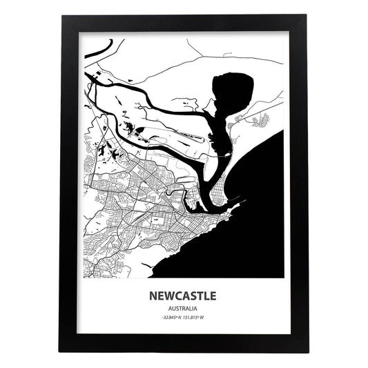 Poster con mapa de Newcastle - Australia. Láminas de ciudades de Australia con mares y ríos en color negro.-Artwork-Nacnic-A4-Marco Negro-Nacnic Estudio SL