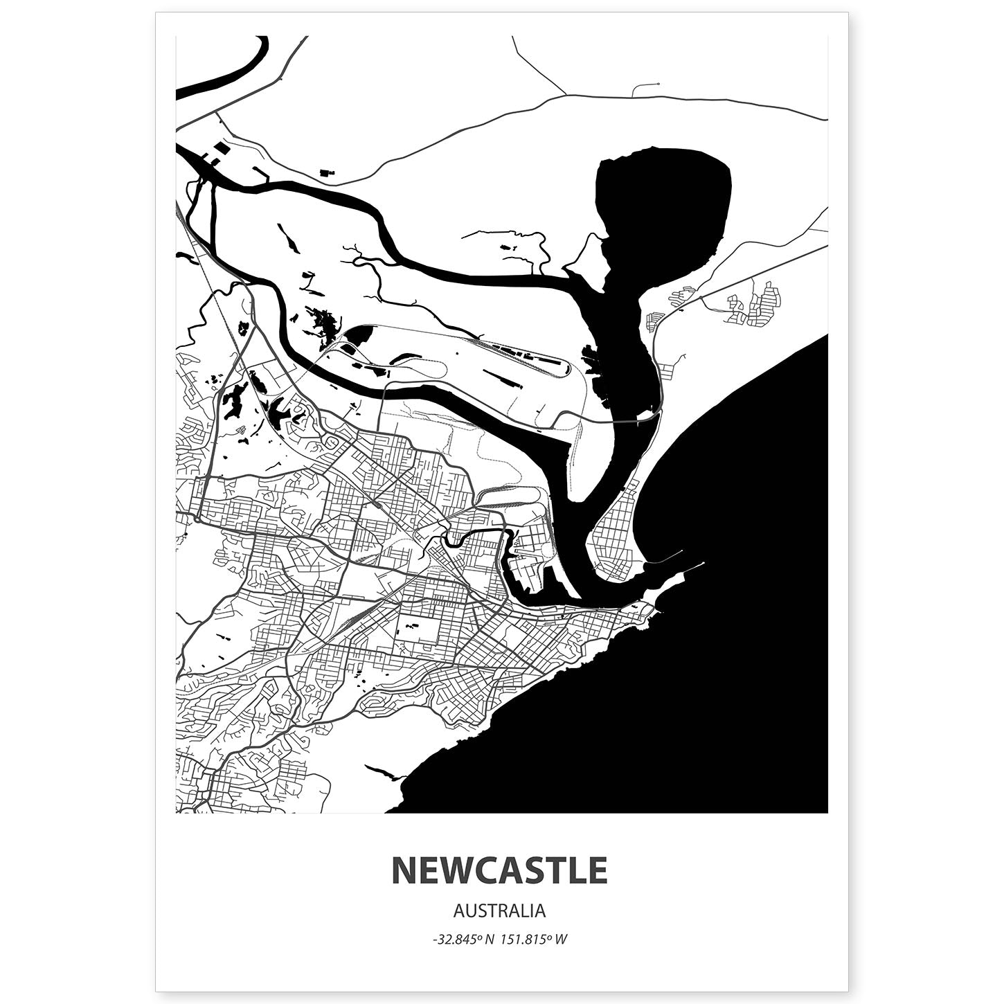 Poster con mapa de Newcastle - Australia. Láminas de ciudades de Australia con mares y ríos en color negro.-Artwork-Nacnic-A4-Sin marco-Nacnic Estudio SL