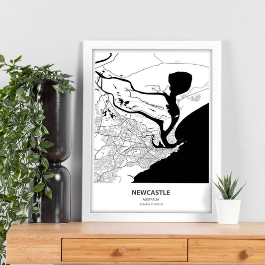 Poster con mapa de Newcastle - Australia. Láminas de ciudades de Australia con mares y ríos en color negro.-Artwork-Nacnic-Nacnic Estudio SL