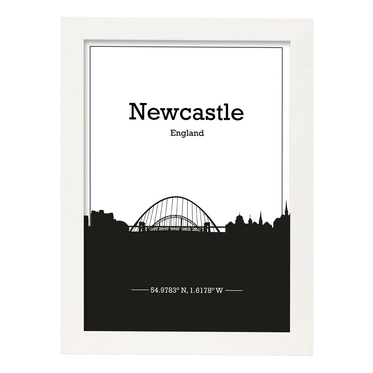Poster con mapa de Newcastle - Inglaterra. Láminas con Skyline de ciudades de Inglaterra e Irlanda con sombra negra.-Artwork-Nacnic-A3-Marco Blanco-Nacnic Estudio SL
