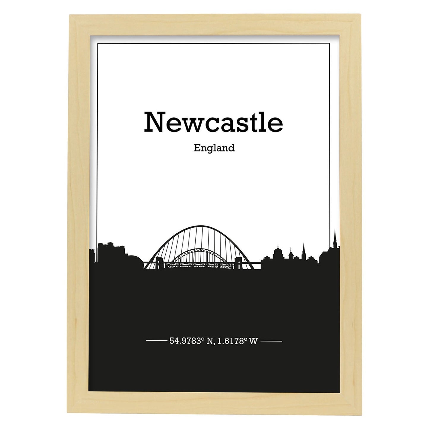 Poster con mapa de Newcastle - Inglaterra. Láminas con Skyline de ciudades de Inglaterra e Irlanda con sombra negra.-Artwork-Nacnic-A3-Marco Madera clara-Nacnic Estudio SL