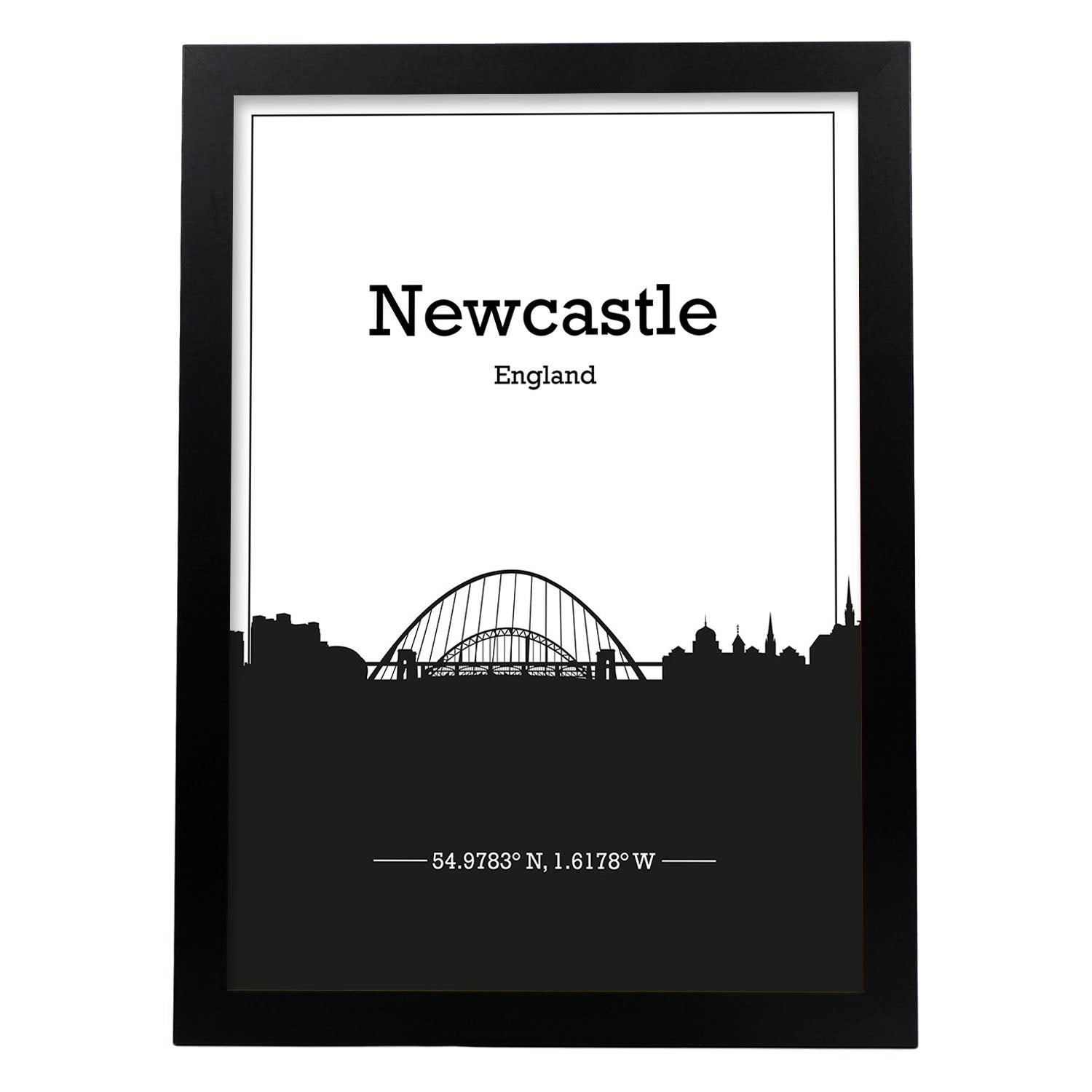 Poster con mapa de Newcastle - Inglaterra. Láminas con Skyline de ciudades de Inglaterra e Irlanda con sombra negra.-Artwork-Nacnic-A3-Marco Negro-Nacnic Estudio SL