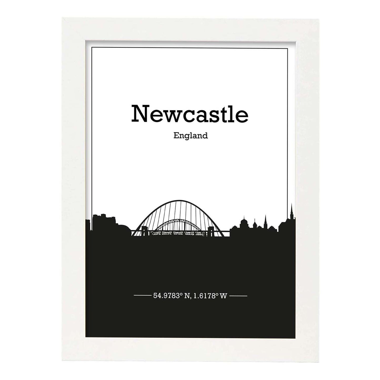 Poster con mapa de Newcastle - Inglaterra. Láminas con Skyline de ciudades de Inglaterra e Irlanda con sombra negra.-Artwork-Nacnic-A4-Marco Blanco-Nacnic Estudio SL
