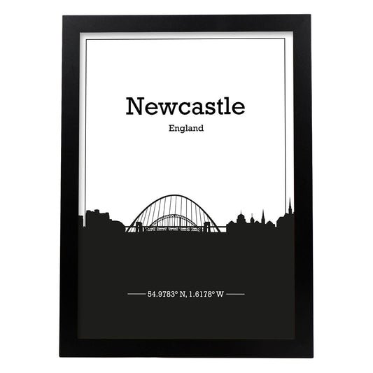 Poster con mapa de Newcastle - Inglaterra. Láminas con Skyline de ciudades de Inglaterra e Irlanda con sombra negra.-Artwork-Nacnic-A4-Marco Negro-Nacnic Estudio SL