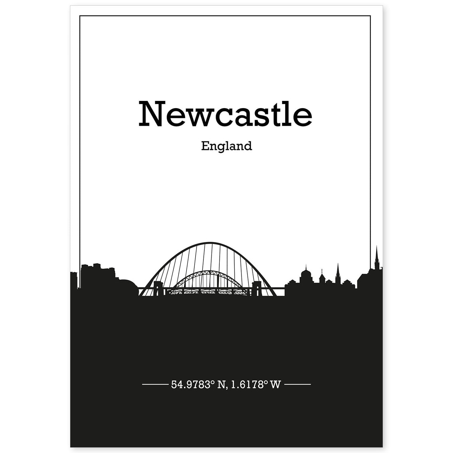 Poster con mapa de Newcastle - Inglaterra. Láminas con Skyline de ciudades de Inglaterra e Irlanda con sombra negra.-Artwork-Nacnic-A4-Sin marco-Nacnic Estudio SL