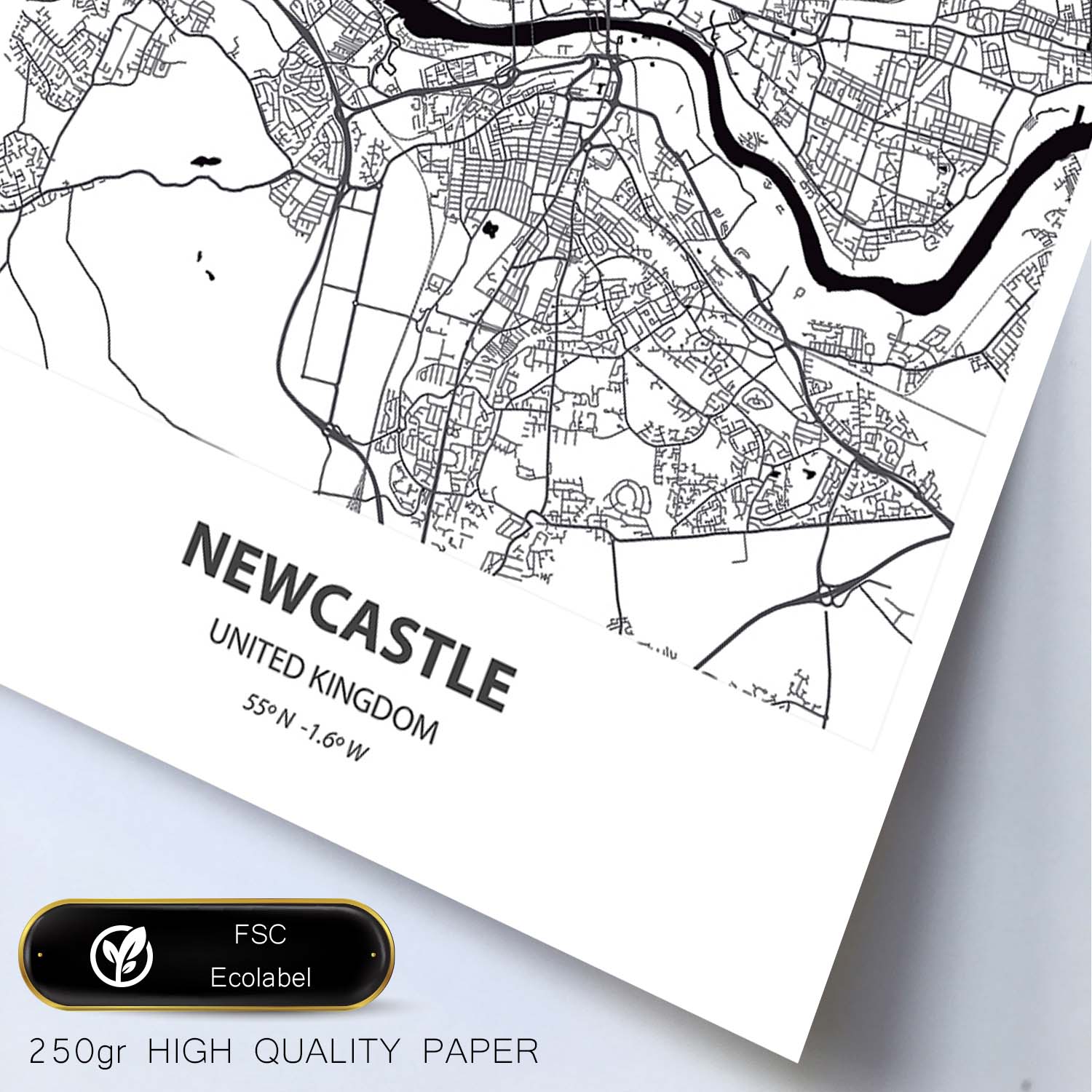 Poster con mapa de NewCastle - Reino Unido. Láminas de ciudades de Reino Unido con mares y ríos en color negro.-Artwork-Nacnic-Nacnic Estudio SL