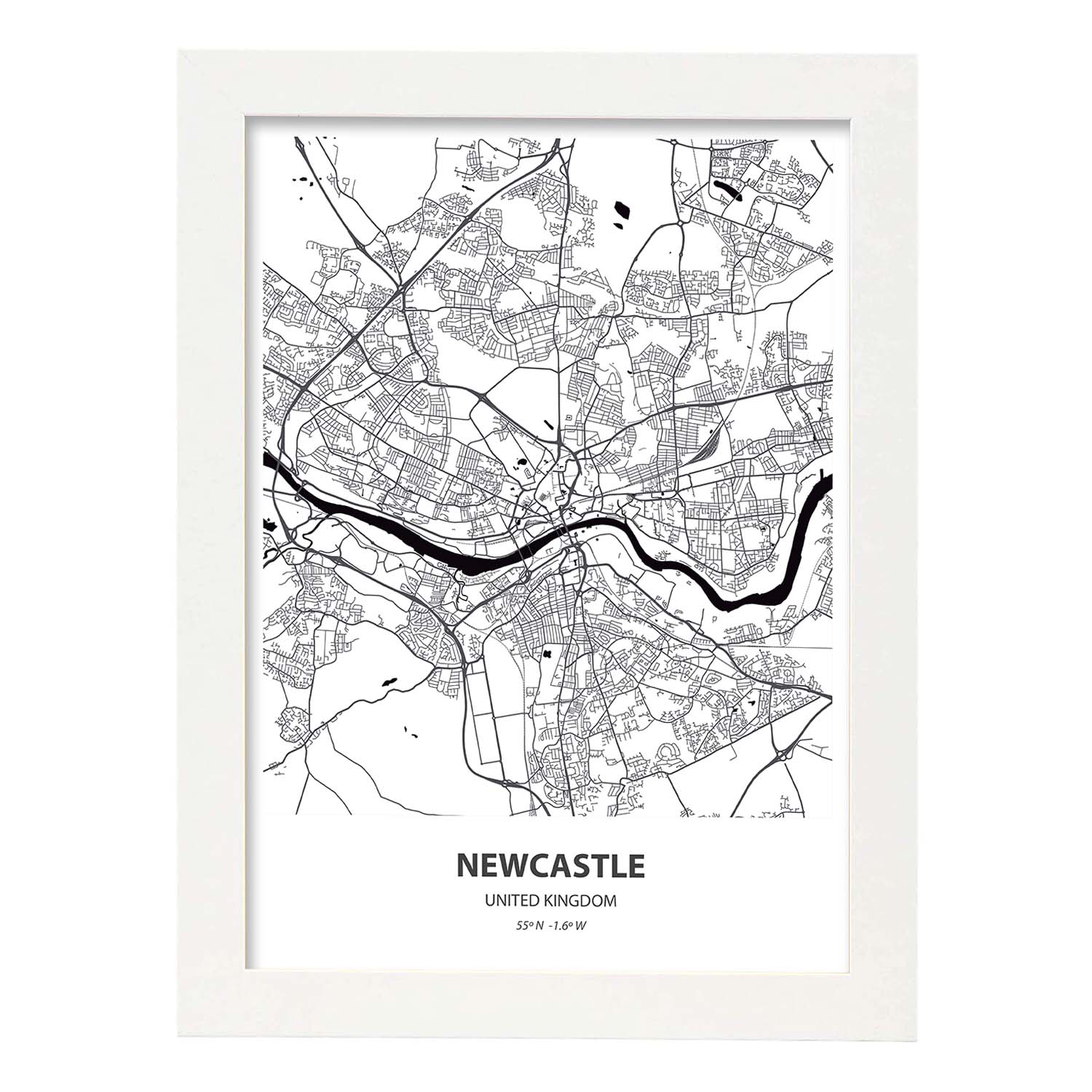 Poster con mapa de NewCastle - Reino Unido. Láminas de ciudades de Reino Unido con mares y ríos en color negro.-Artwork-Nacnic-A3-Marco Blanco-Nacnic Estudio SL
