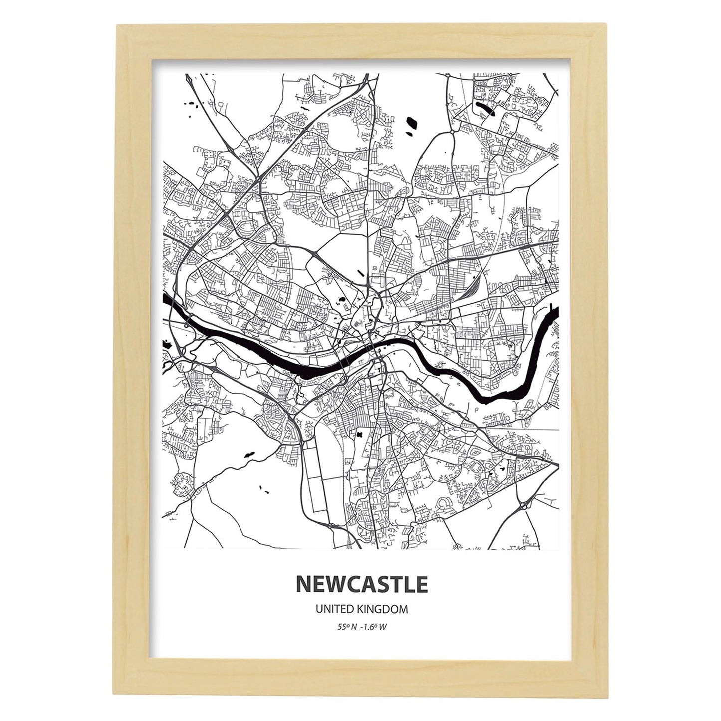 Poster con mapa de NewCastle - Reino Unido. Láminas de ciudades de Reino Unido con mares y ríos en color negro.-Artwork-Nacnic-A3-Marco Madera clara-Nacnic Estudio SL