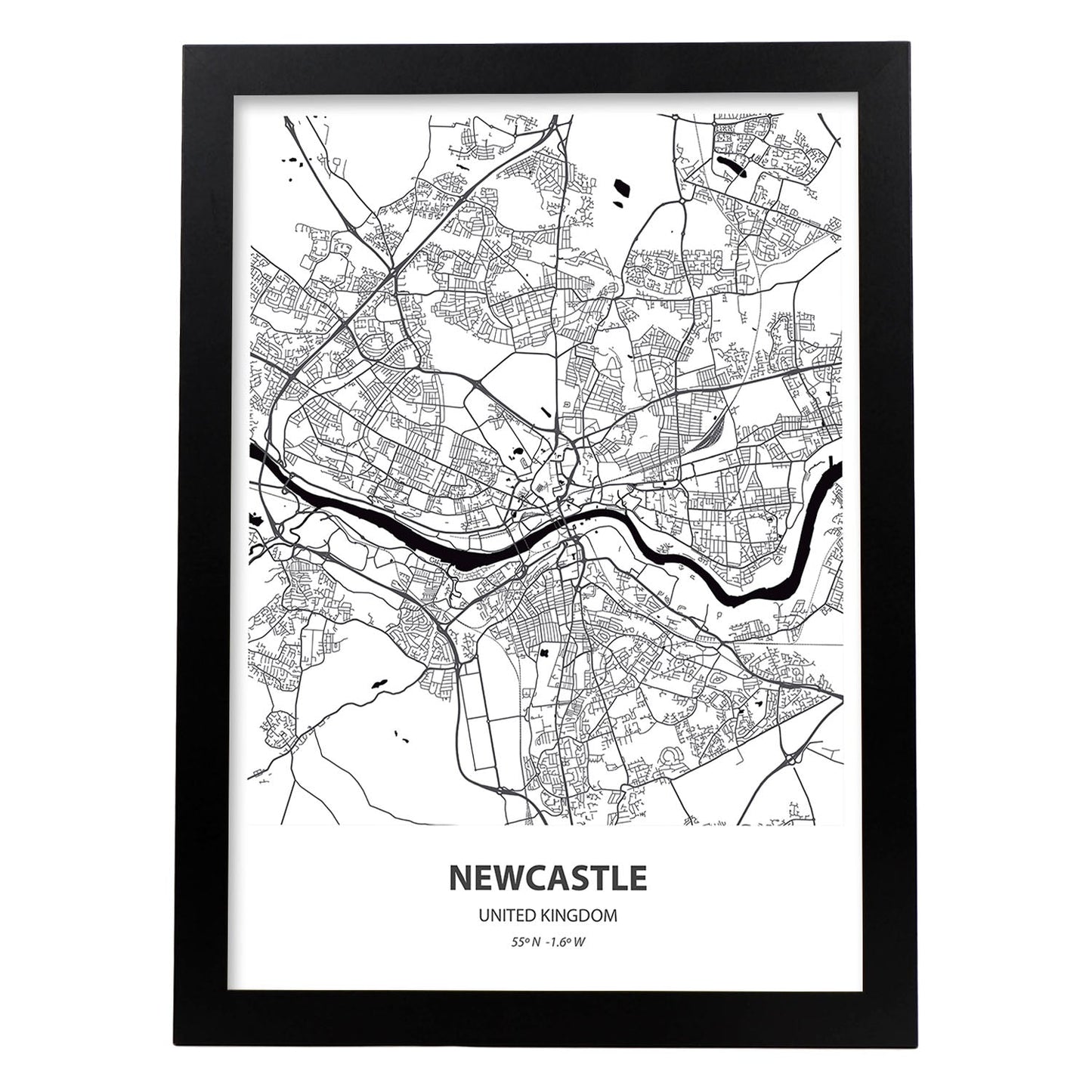 Poster con mapa de NewCastle - Reino Unido. Láminas de ciudades de Reino Unido con mares y ríos en color negro.-Artwork-Nacnic-A3-Marco Negro-Nacnic Estudio SL
