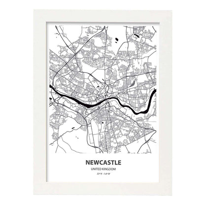 Poster con mapa de NewCastle - Reino Unido. Láminas de ciudades de Reino Unido con mares y ríos en color negro.-Artwork-Nacnic-A4-Marco Blanco-Nacnic Estudio SL