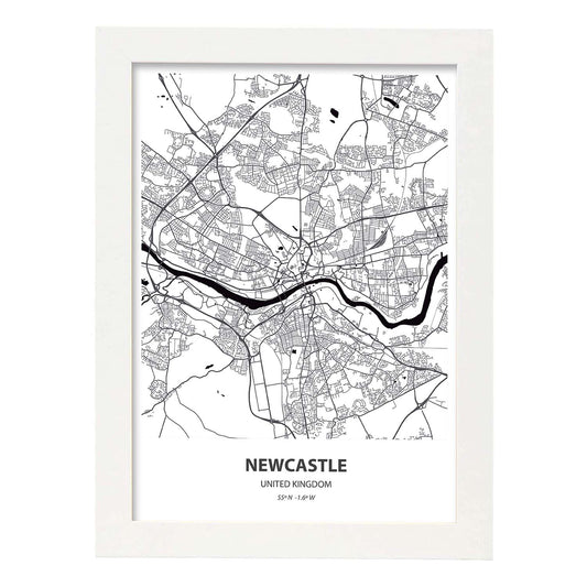 Poster con mapa de NewCastle - Reino Unido. Láminas de ciudades de Reino Unido con mares y ríos en color negro.-Artwork-Nacnic-A4-Marco Blanco-Nacnic Estudio SL