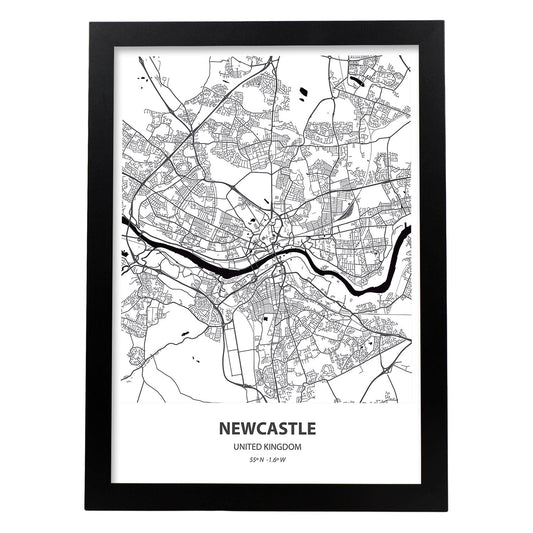 Poster con mapa de NewCastle - Reino Unido. Láminas de ciudades de Reino Unido con mares y ríos en color negro.-Artwork-Nacnic-A4-Marco Negro-Nacnic Estudio SL