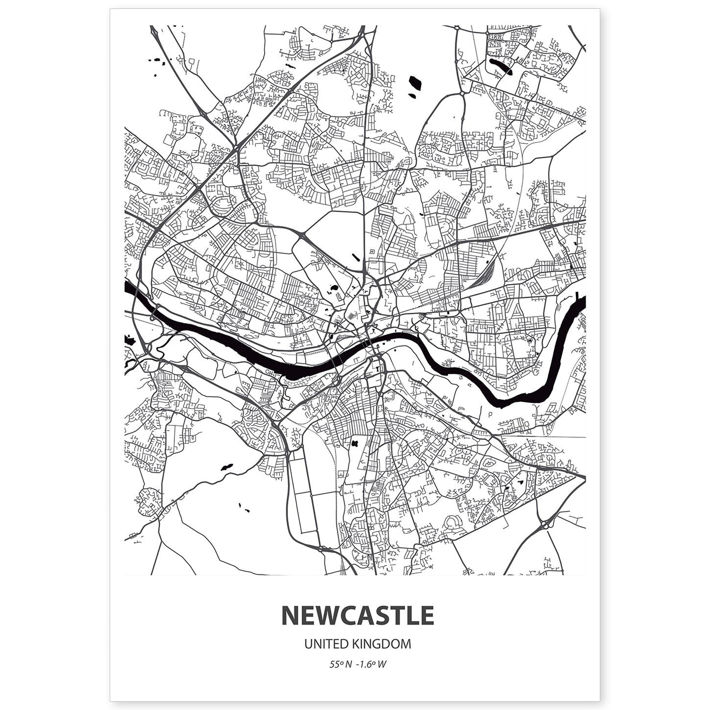 Poster con mapa de NewCastle - Reino Unido. Láminas de ciudades de Reino Unido con mares y ríos en color negro.-Artwork-Nacnic-A4-Sin marco-Nacnic Estudio SL