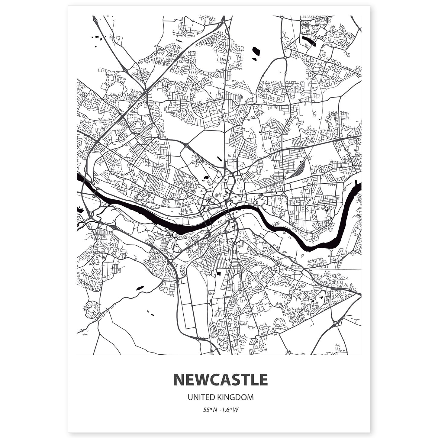 Poster con mapa de NewCastle - Reino Unido. Láminas de ciudades de Reino Unido con mares y ríos en color negro.-Artwork-Nacnic-A4-Sin marco-Nacnic Estudio SL