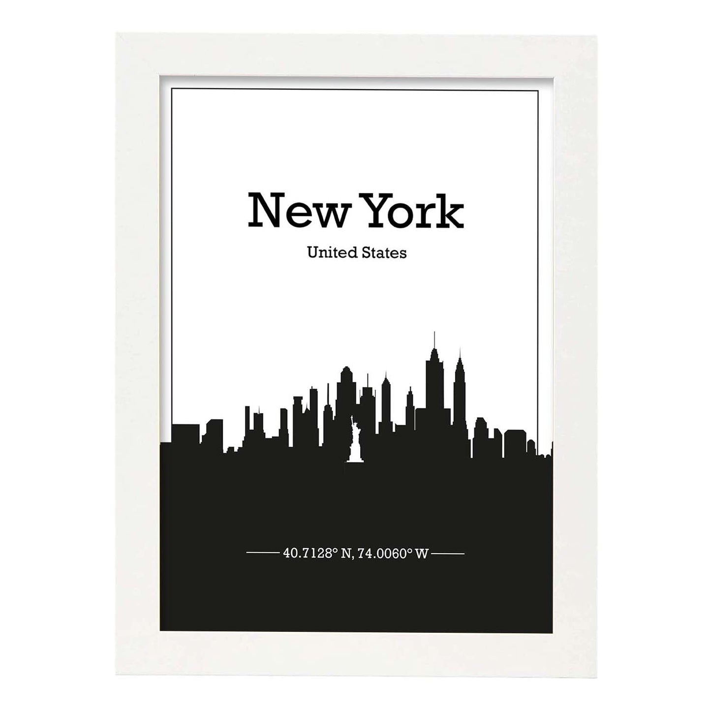 Poster con mapa de Newyork - USA. Láminas con Skyline de ciudades de Estados Unidos, Canada, Mexico con sombra negra.-Artwork-Nacnic-A3-Marco Blanco-Nacnic Estudio SL