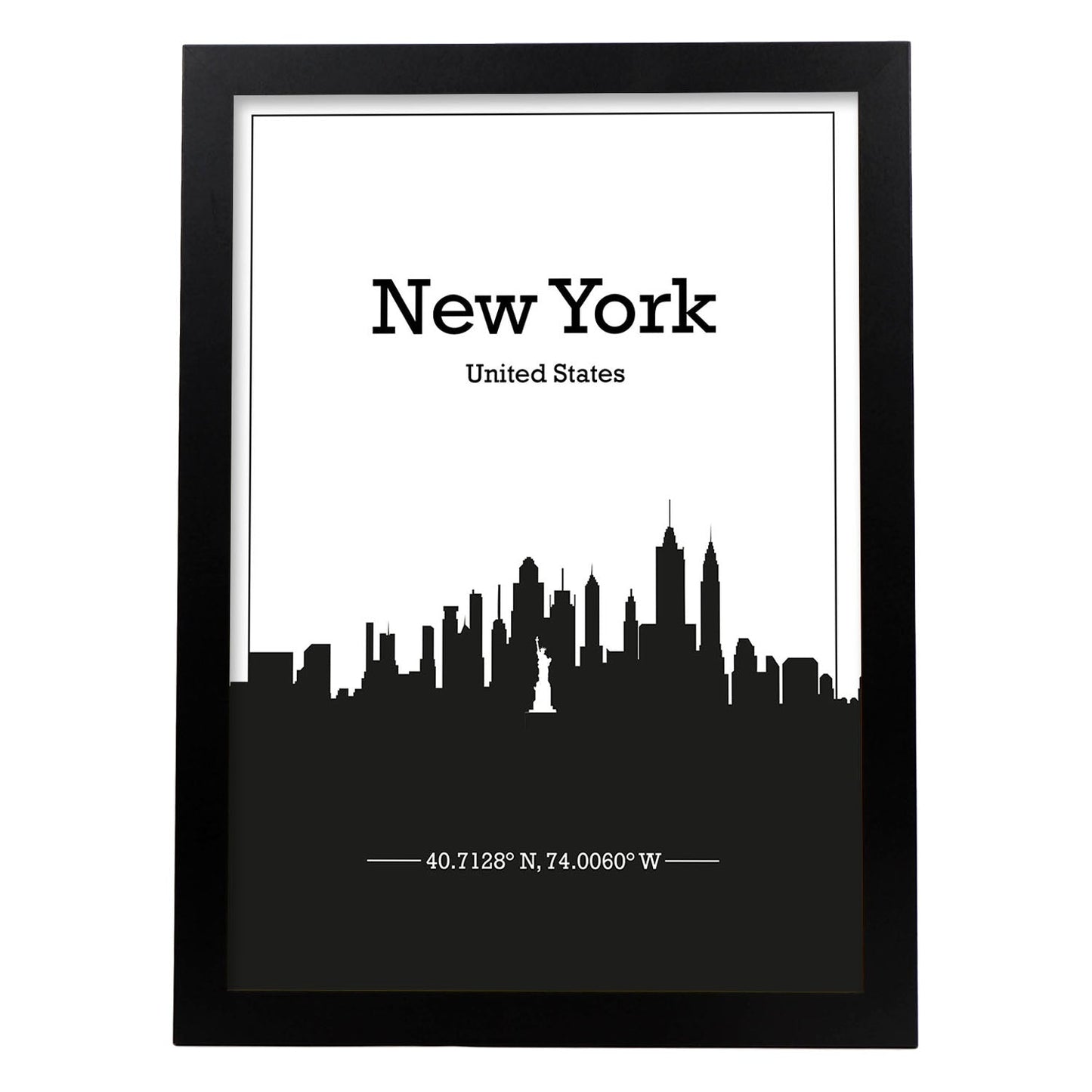 Poster con mapa de Newyork - USA. Láminas con Skyline de ciudades de Estados Unidos, Canada, Mexico con sombra negra.-Artwork-Nacnic-A3-Marco Negro-Nacnic Estudio SL