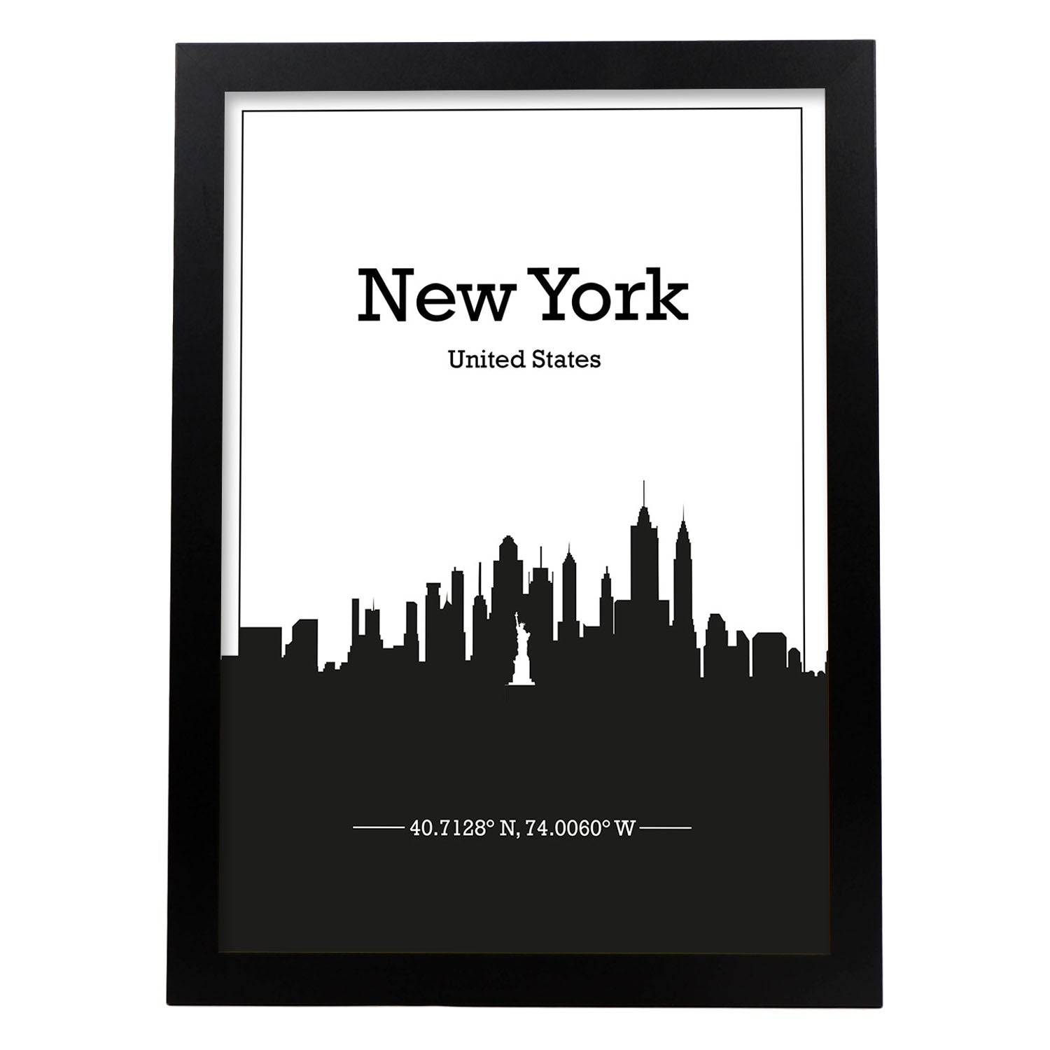 Poster con mapa de Newyork - USA. Láminas con Skyline de ciudades de Estados Unidos, Canada, Mexico con sombra negra.-Artwork-Nacnic-A4-Marco Negro-Nacnic Estudio SL