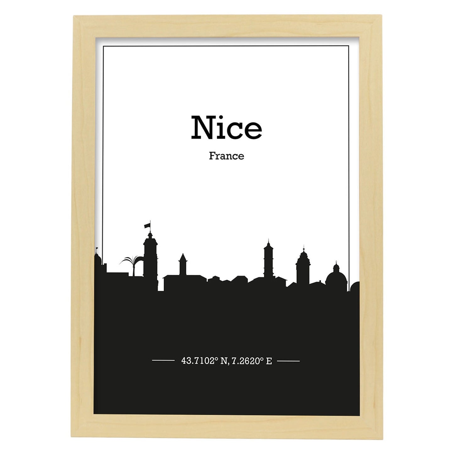Poster con mapa de Nice - Francia. Láminas con Skyline de ciudades de Francia con sombra negra.-Artwork-Nacnic-A3-Marco Madera clara-Nacnic Estudio SL