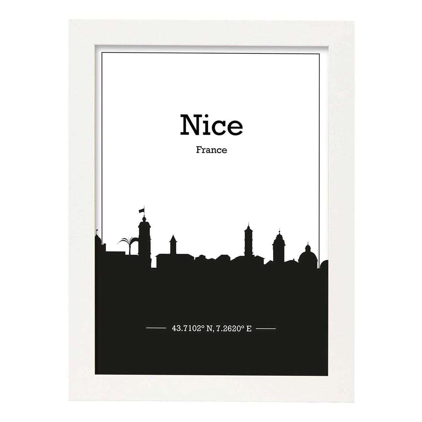 Poster con mapa de Nice - Francia. Láminas con Skyline de ciudades de Francia con sombra negra.-Artwork-Nacnic-A4-Marco Blanco-Nacnic Estudio SL