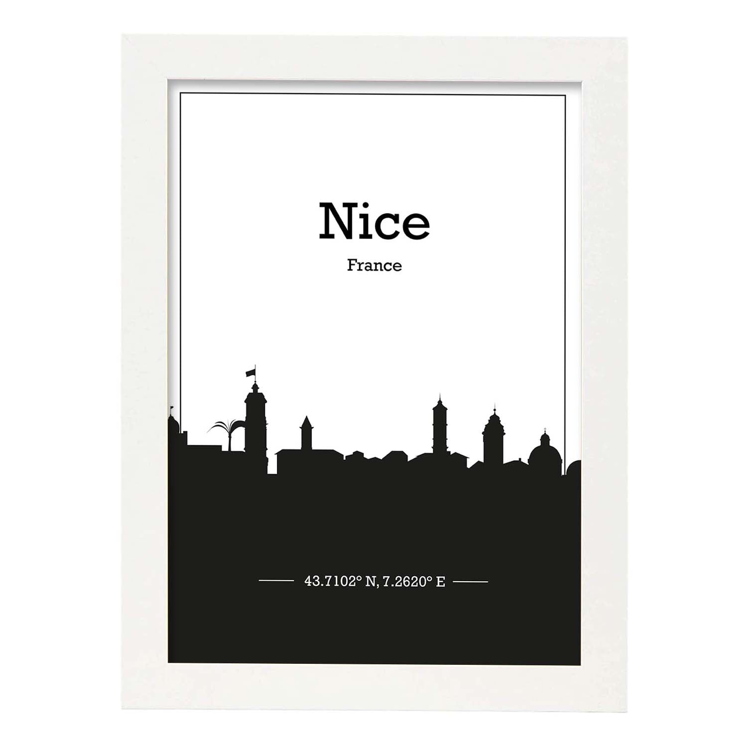 Poster con mapa de Nice - Francia. Láminas con Skyline de ciudades de Francia con sombra negra.-Artwork-Nacnic-A4-Marco Blanco-Nacnic Estudio SL