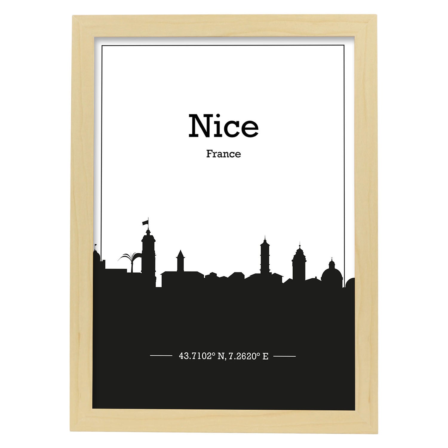 Poster con mapa de Nice - Francia. Láminas con Skyline de ciudades de Francia con sombra negra.-Artwork-Nacnic-A4-Marco Madera clara-Nacnic Estudio SL