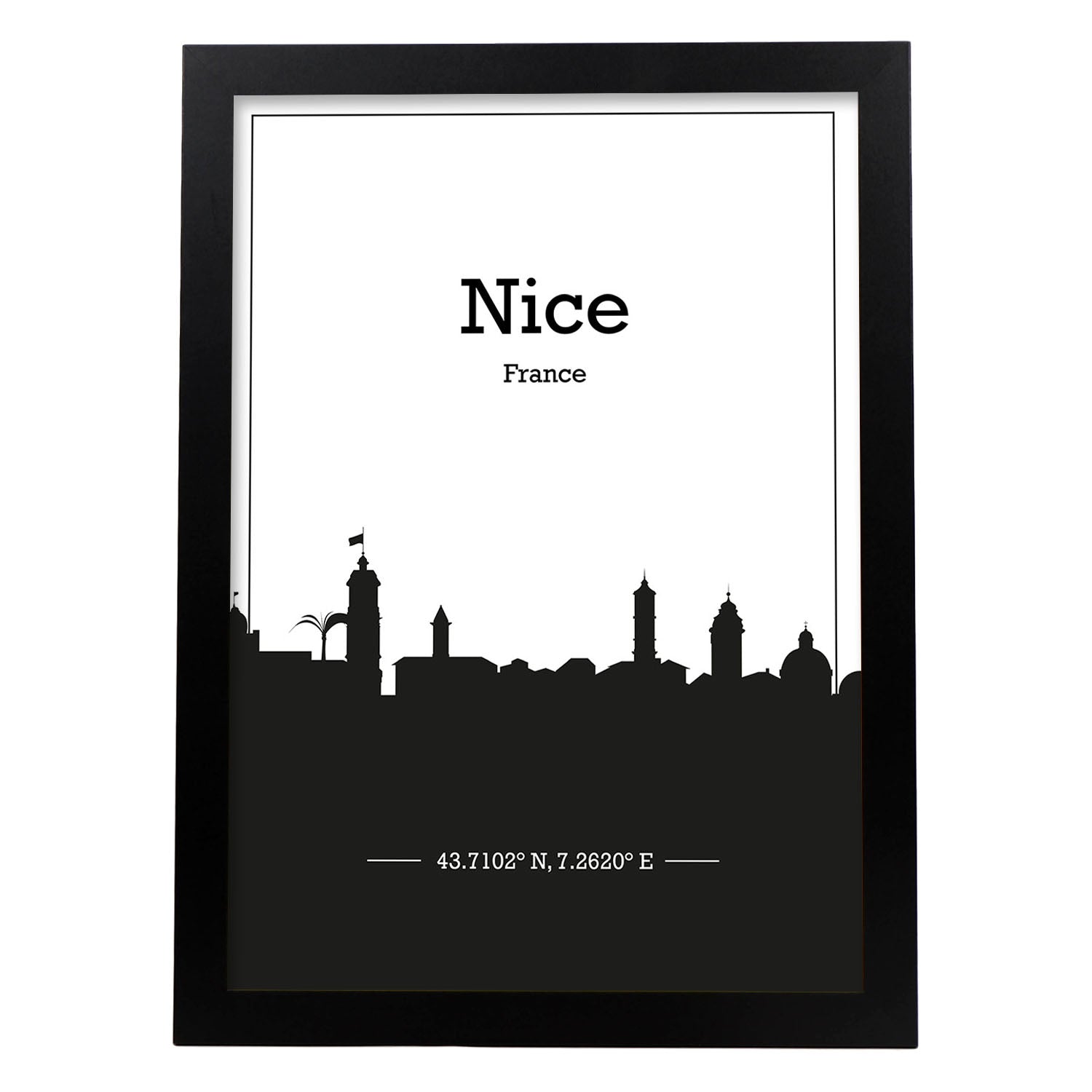 Poster con mapa de Nice - Francia. Láminas con Skyline de ciudades de Francia con sombra negra.-Artwork-Nacnic-A4-Marco Negro-Nacnic Estudio SL