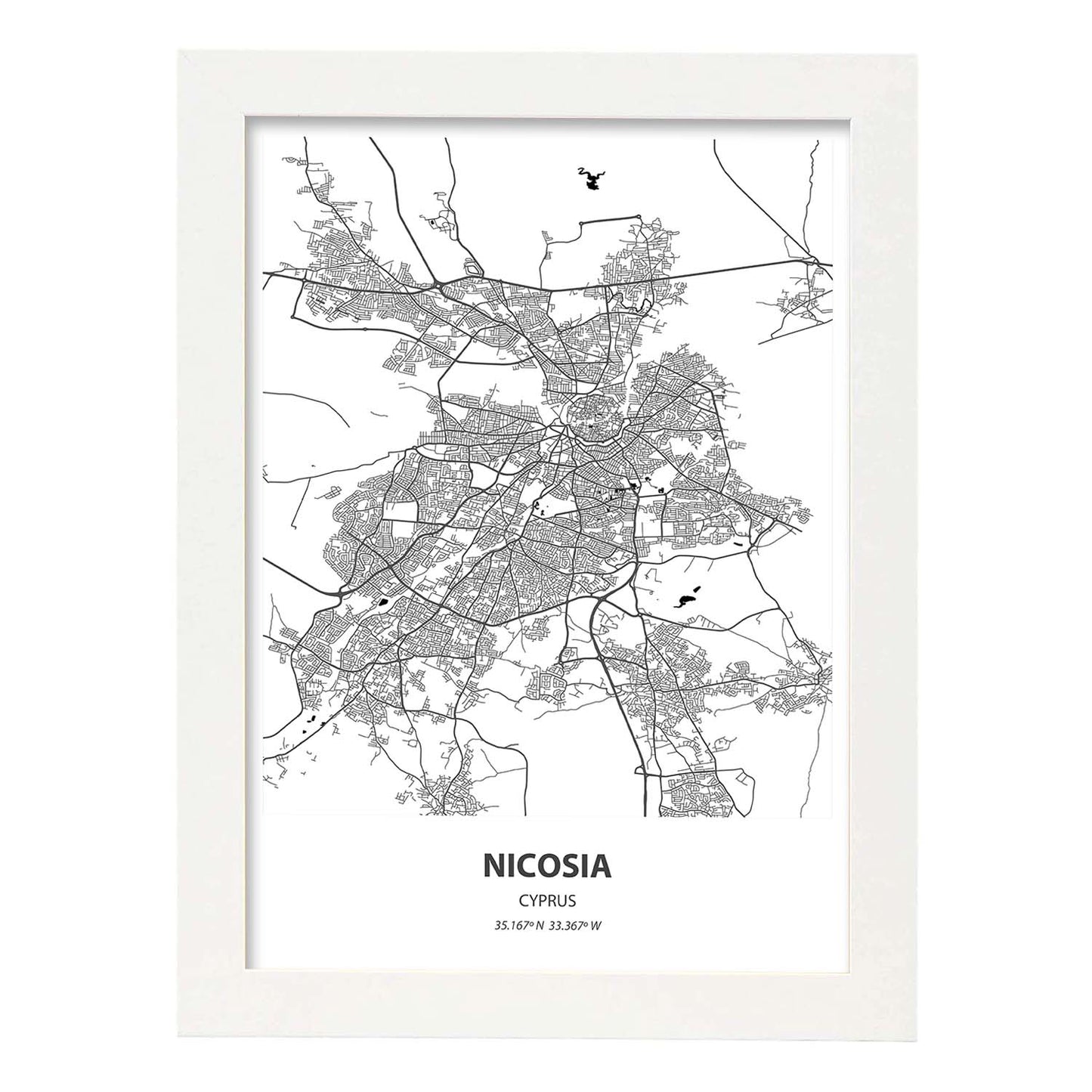 Poster con mapa de Nicosia - Chipre. Láminas de ciudades de Europa con mares y ríos en color negro.-Artwork-Nacnic-A3-Marco Blanco-Nacnic Estudio SL
