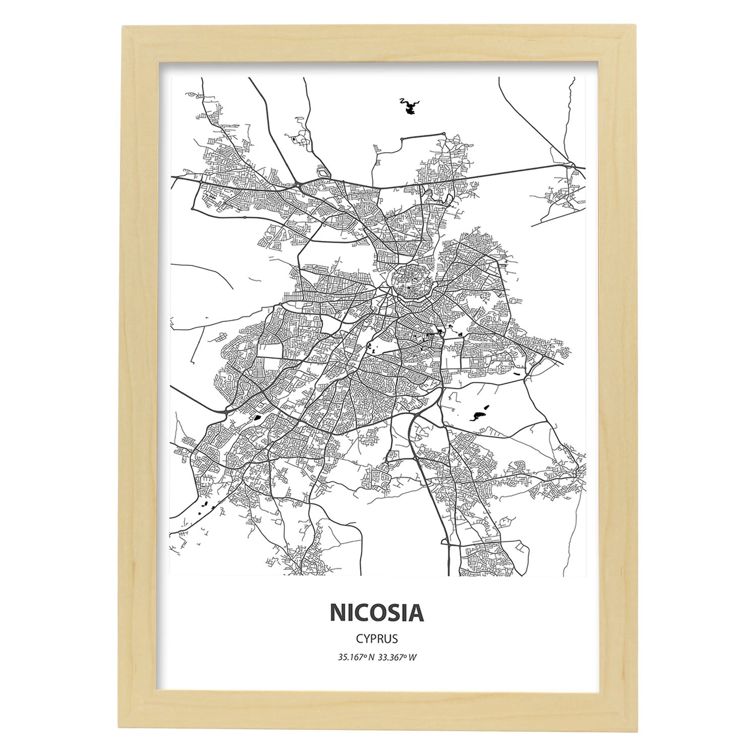 Poster con mapa de Nicosia - Chipre. Láminas de ciudades de Europa con mares y ríos en color negro.-Artwork-Nacnic-A3-Marco Madera clara-Nacnic Estudio SL