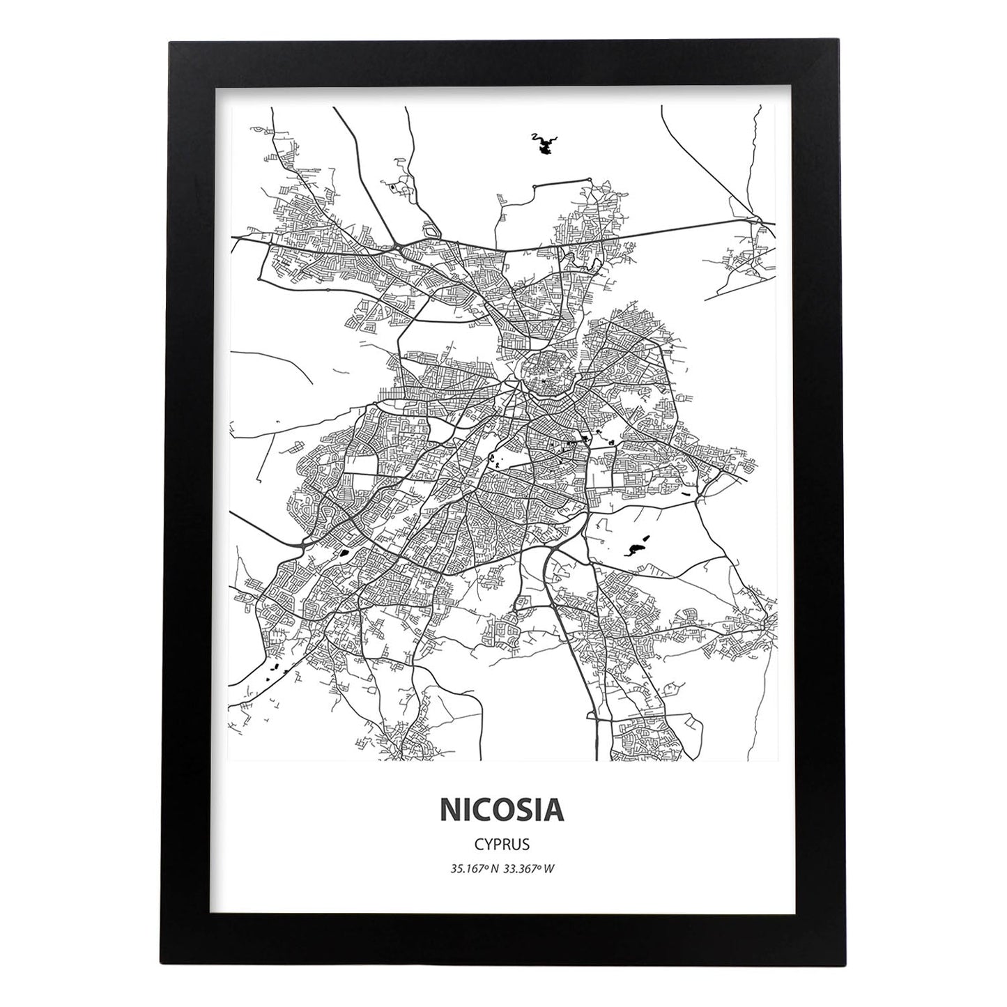 Poster con mapa de Nicosia - Chipre. Láminas de ciudades de Europa con mares y ríos en color negro.-Artwork-Nacnic-A3-Marco Negro-Nacnic Estudio SL