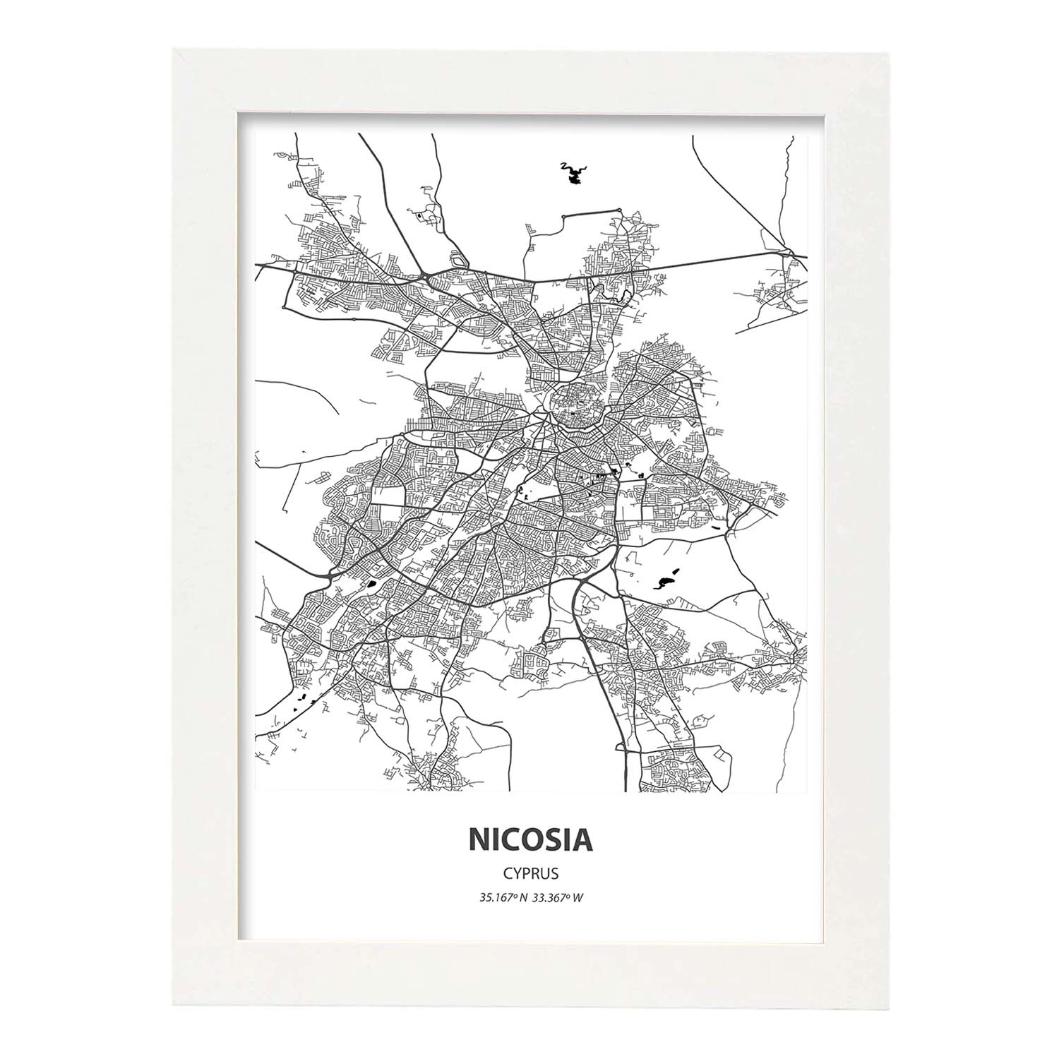 Poster con mapa de Nicosia - Chipre. Láminas de ciudades de Europa con mares y ríos en color negro.-Artwork-Nacnic-A4-Marco Blanco-Nacnic Estudio SL