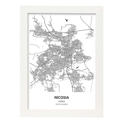 Poster con mapa de Nicosia - Chipre. Láminas de ciudades de Europa con mares y ríos en color negro.-Artwork-Nacnic-A4-Marco Blanco-Nacnic Estudio SL