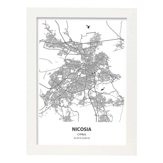Poster con mapa de Nicosia - Chipre. Láminas de ciudades de Europa con mares y ríos en color negro.-Artwork-Nacnic-A4-Marco Blanco-Nacnic Estudio SL